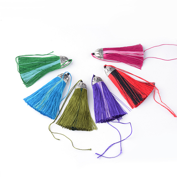 

PandaHall Nylon Tassel Big Pendant Decorations, with Antique Silver Alloy Findings, Mixed Color, 80~85x19~20x11~12mm Nylon Multicolor