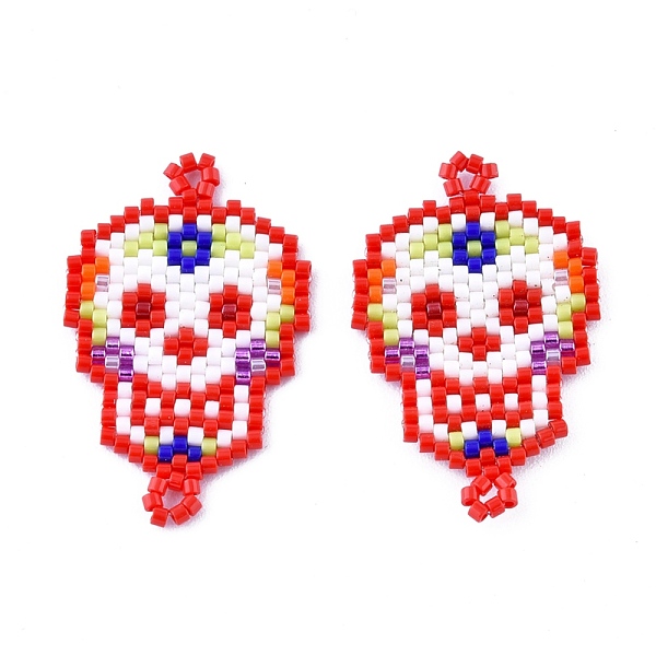 

PandaHall Handmade Seed Beads Links Connectors, with Elastic Thread, Loom Pattern, Sugar Skull, For Mexico Holiday Day of The Dead, Red...