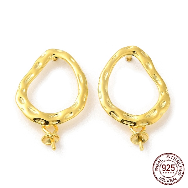 

PandaHall 925 Sterling Silver Stud Earring Findings, Hammered Irregular Oval Dangle Earrings, for Half Drilled Beads, Real 18K Gold Plated...