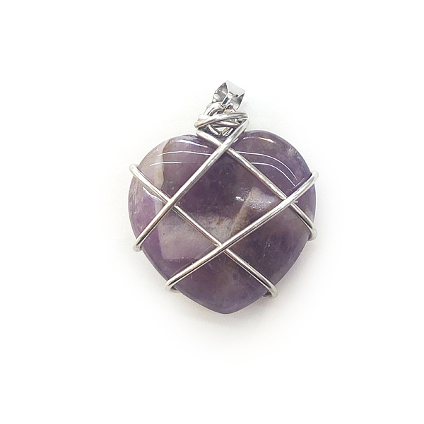 

PandaHall Natural Amethyst Copper Wire Wrapped Pendants, Heart Charms, Silver Color, 20mm Amethyst Heart