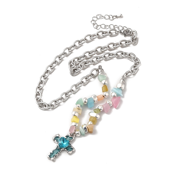 

PandaHall Alloy Glass Cross Pendant Necklace with Cat Eye Chips Beaded Chains, Titanium Steel Jewelry for Women, Colorful, 17.52 inch...