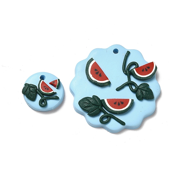

PandaHall Handmade Polymer Clay Pendants Sets, Flat Round & Flower with Watermelon Charm, Deep Sky Blue, 32x32.5x5.5mm, Hole: 2mm, 2pcs/set...