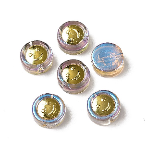 

PandaHall Transparent Spray Painted Glass Beads, with Golden Brass Findings, Flat Round with Smile, Colorful, 11.5x4mm, Hole: 1.2mm Glass...