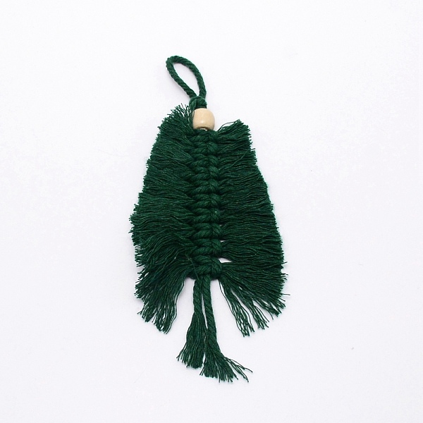 

PandaHall Christmas Theme Leaf Knitting Pendant Decorations, with Cotton Cord & Wooden Bead, Dark Green, 175mm Wood Leaf