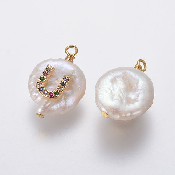 

PandaHall Natural Cultured Freshwater Pearl Pendants, with Brass Micro Pave Cubic Zirconia Findings, Flat Round with Letter, Colorful...