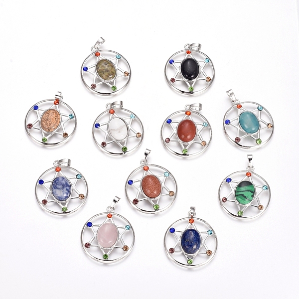 

PandaHall Chakras Style, Natural & Synthetic Mixed Gemstone Pendants, with Platinum Tone Brass Findings and Rhinestone, Flat Round with Star..., Multicolor