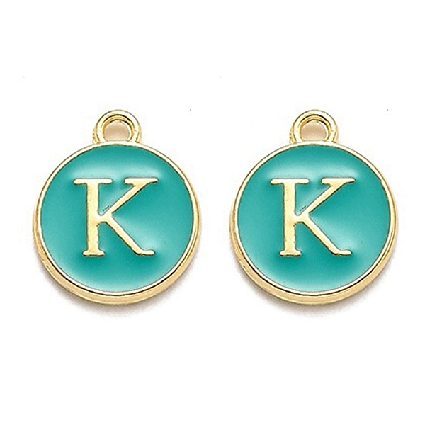 

PandaHall Golden Plated Alloy Enamel Charms, Enamelled Sequins, Flat Round with Alphabet, Letter.K, Green, 14x12x2mm, Hole: 1.5mm...