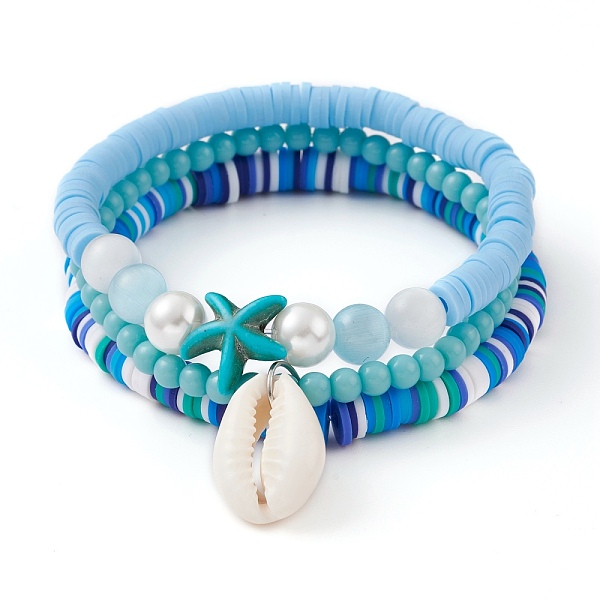 

PandaHall 3Pcs 3 Styles Polymer Clay Heishi Beads Stretch Stackable Bracelets Sets, with Cat Eye Beads, Synthetic Turquoise Starfish Beads...