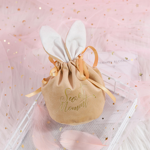 

PandaHall Drawstring Velvet Bags, with Rabbit Ear, Sweet Moment Printed Gift Bag, Wedding Celebration Candy Bags, Champagne Yellow...