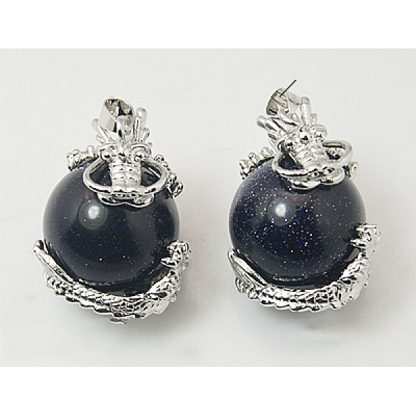

PandaHall Synthetic Blue Goldstone Pendants, with Brass Findings, Dragon with Round, 27x22mm, Hole: 5mm Blue Goldstone Round Blue