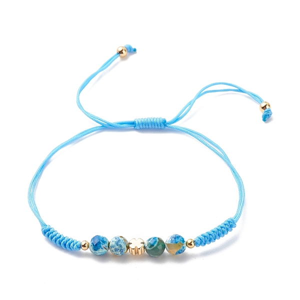 

PandaHall Natural Agate & Brass Clover Beaded Cord Bracelet, Gemstone Braided Adjustable Bracelet for Women, Deep Sky Blue, Inner Diameter...