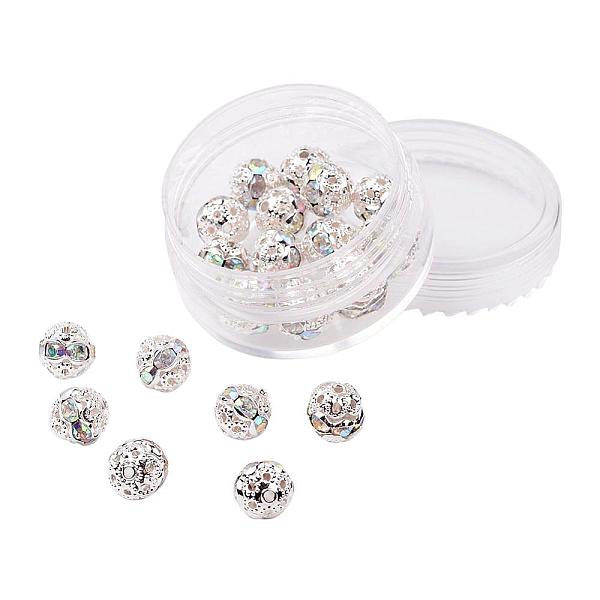 

PandaHall Brass Rhinestone Beads, Grade A, Silver Color Plated, Round, Crystal AB, 8mm, Hole: 1mm, 20pcs/box Brass+Rhinestone Round Silver
