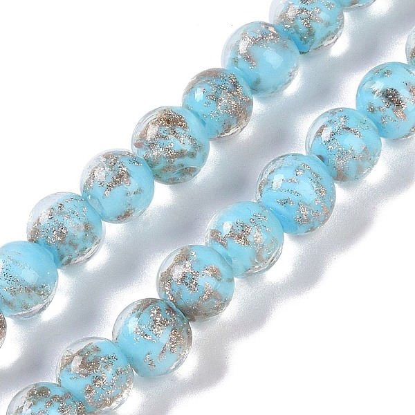 

PandaHall Handmade Gold Sand Lampwork Beads, Round, Light Sky Blue, 8~8.5x7.5~8mm, Hole: 1.5mm, about 48pcs/strand, 14.02''(35.6cm) Lampwork...
