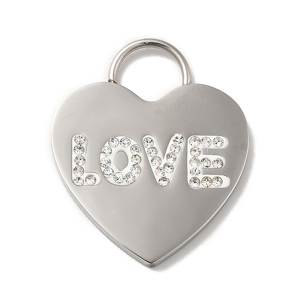 

PandaHall 304 Stainless Steel Rhinestone Pendants, with Polymer Clay, Heart with Word Love Charms, Stainless Steel Color, 28x23.5x2.5mm..., Clear