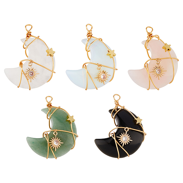 

PandaHall SUPERFINDINGS 5Pcs Moon Gemstone Pendants Copper Wire Wrapped Stone Charm Colorful Quartz Pendant for DIY Jewelry Making Necklaces...
