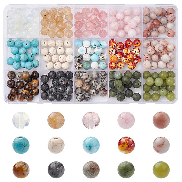 PandaHall 225Pcs 15 Styles Natural & Synthetic Mixed Gemstone Beads Set, Round, Mixed Dyed and Undyed, 7~8mm, Hole: 0.8~1.5mm, 15pcs/style...