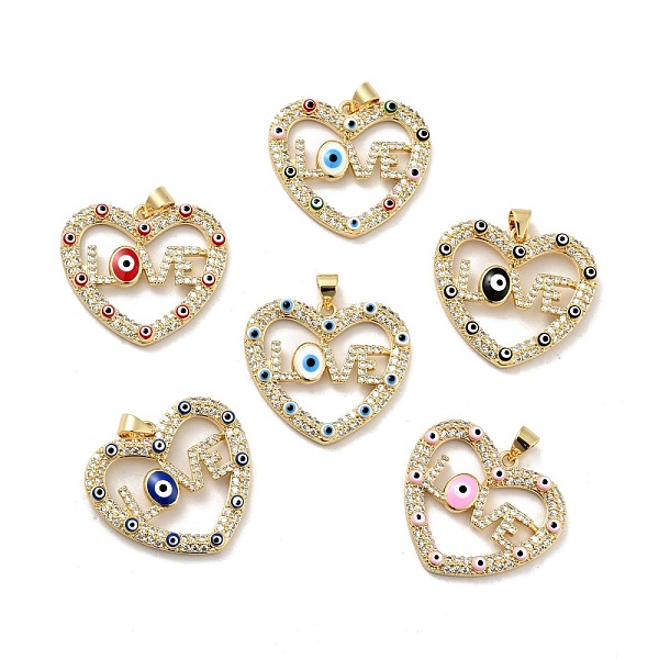 

PandaHall Rack Plating Brass Micro Pave Clear Cubic Zirconia Pendants, with Enamel, Cadmium Free & Lead Free, Heart with Evil Eye & Word..., Multicolor