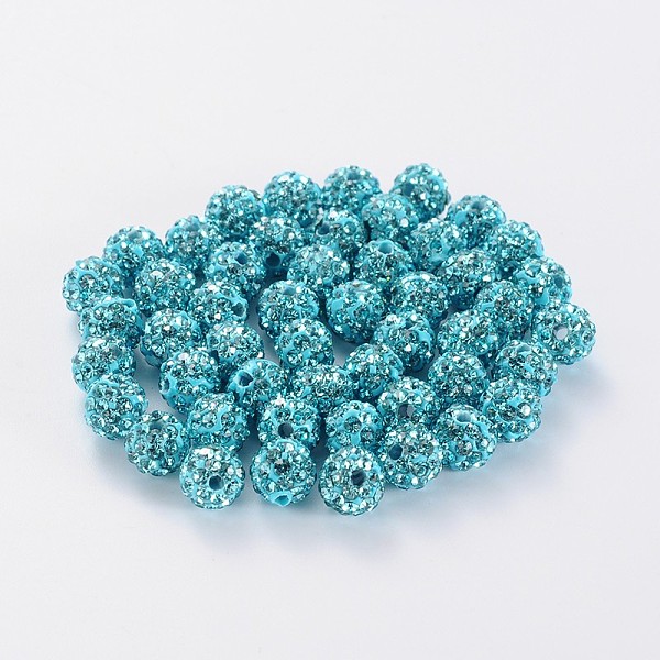 PandaHall Pave Disco Ball Beads, Polymer Clay Rhinestone Beads, Grade A, Aquamarine, PP15(2.1~2.2mm), 14mm, Hole: 1mm Polymer Clay+Glass...