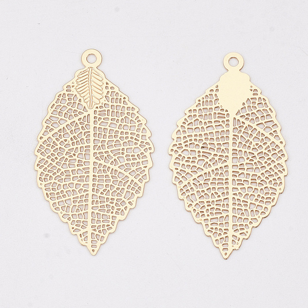 

PandaHall Brass Pendants, Etched Metal Embellishments, Long-Lasting Plated, Leaf, Light Gold, 39x21.5x0.3mm, Hole: 1.6mm Brass Leaf