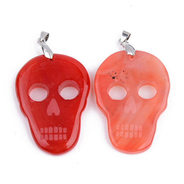 

PandaHall Halloween Themed Natural Agate Big Pendants, with Platinum Plated Brass Pinch Bail, Dyed, Skull, Salmon, 50~53x35~36x5~6mm, Hole..., Red