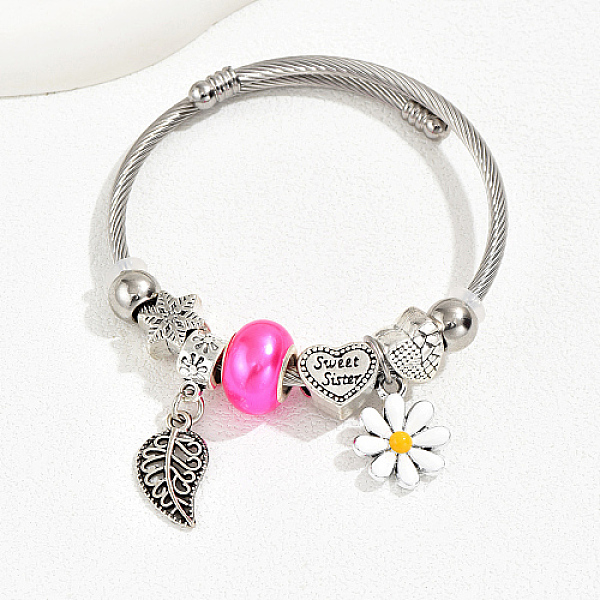 

PandaHall Stainless Steel European Bracelet, Charm Bracelet for Women, Leaf, Inner Diameter: 2-3/8~2-3/4 inch(6~7cm) Stainless Steel Leaf