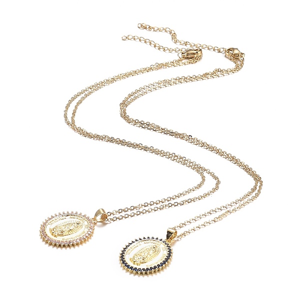 

PandaHall Brass Micro Pave Cubic Zirconia Pendant Necklaces, Virgencita Necklaces, with 304 Stainless Steel Cable Chains, Oval with Virgin..., Multicolor