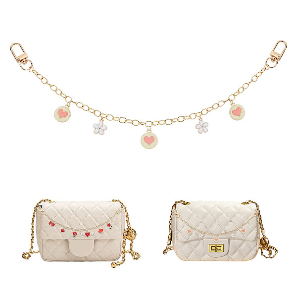 

PandaHall WADORN 2Pcs Brass Cable Chains Bag Strap Extender, with Alloy Enamel Flower Pendants, Alloy Heart Charms & Swivel Clasps, Heart...