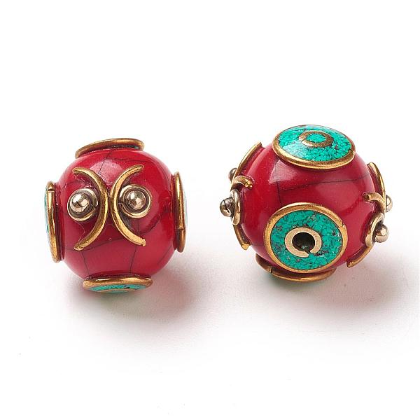 

PandaHall Handmade Tibetan Style Round Beads, with Brass Findings, Antique Golden, Dark Red, 16x17x17mm, Hole: 2mm Brass Round Red