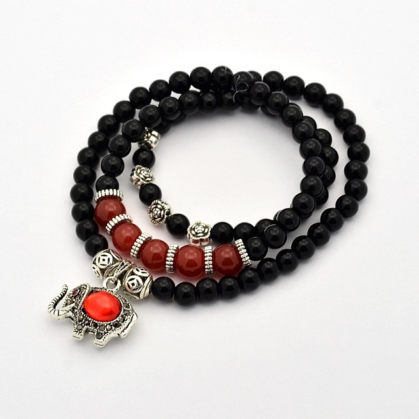 

PandaHall Natural Dyed Jade Round Beaded Triple Wrap Bracelets, Antique Silver Alloy Elephant Charm Bracelets, Black, 500mm Jade Black