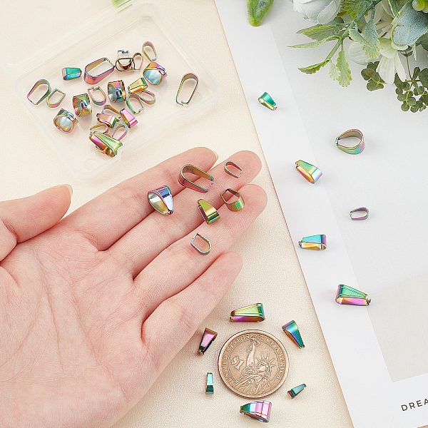 

PandaHall UNICRAFTALE 48pcs 6 Sizes Multi-color Pendant Bails Snap On Bails Stainless Steel Bails Pinch Bails Clasp Pendant Connector...