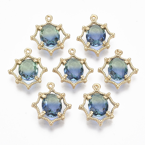 

PandaHall Two Tone Glass Pendants, with Brass Findings, Faceted, Oval, Light Gold, Aquamarine, 17.5~18.5x15.5~17x4.5mm, Hole: 1.2mm..., Green