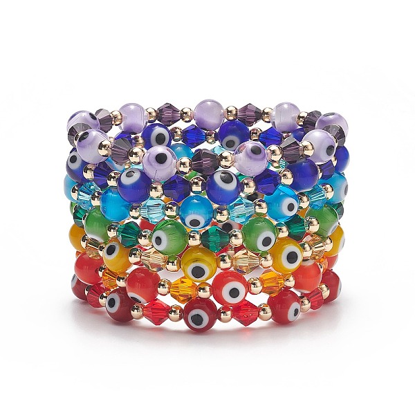 

PandaHall 7Pcs 7 Color Lampwork Evil Eye & Brass & Glass Stretch Bracelets Set, Lucky Jewelry for Women, Mixed Color, Inner Diameter: 2-1/4..., Multicolor