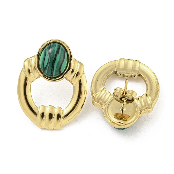 

PandaHall Real 18K Gold Plated 304 Stainless Steel Oval Stud Earrings, with Synthetic Malachite, 26x20mm Malachite Oval