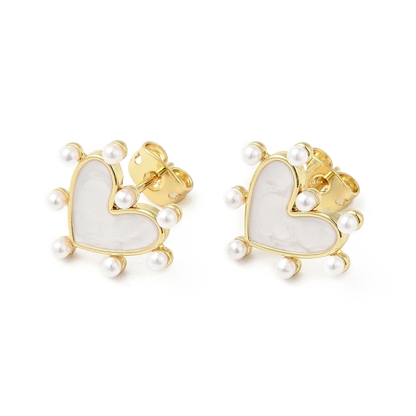 

PandaHall Rack Plating Brass Enamel Stud Earrings for Women, with Acrylic Beads and Ear Nuts, Cadmium Free & Lead Free, Heart, Real 18K Gold..., White