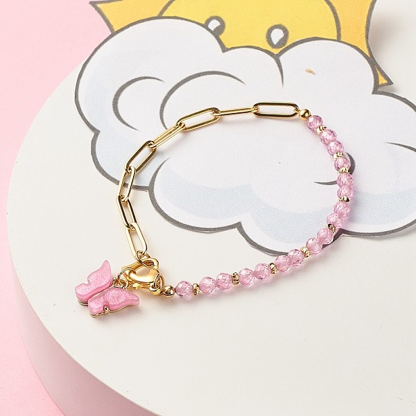 

PandaHall Cubic Zirconia Beads and Brass Paperclip Chains Bracelets, with Acrylic Charms and Brass Findings, Butterfly, Pearl Pink, 7-5/8...