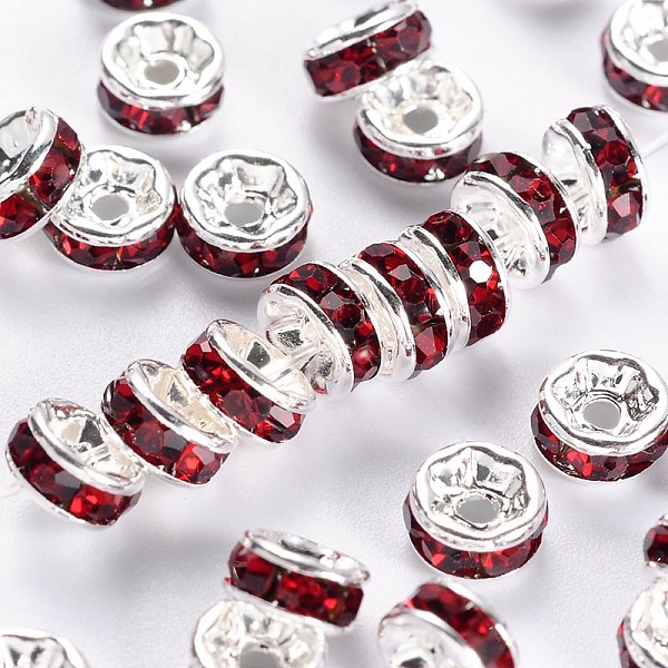 

PandaHall Brass Grade A Rhinestone Spacer Beads, Silver Color Plated, Nickel Free, Siam, 7x3.2mm, Hole: 1.2mm Brass+Rhinestone Rondelle Red