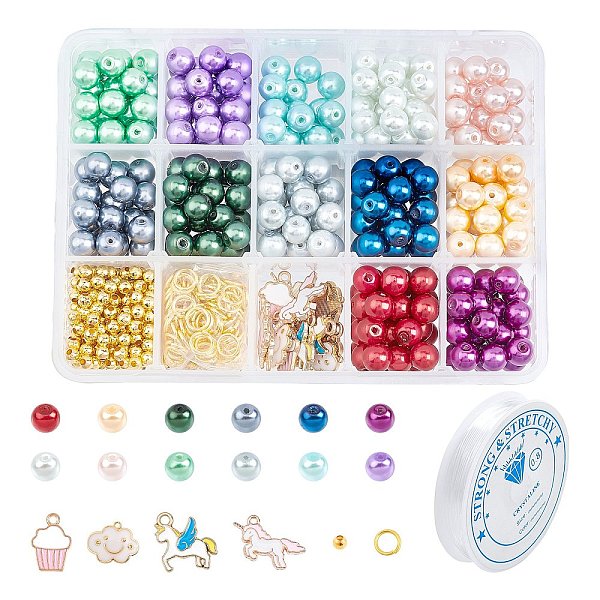 PandaHall SUNNYCLUE DIY Stretch Bracelet Making Kits, with Glass Pearl Beads, Enamel Pendants, Iron Spacer Beads, Brass Jump Rings, Elastic...