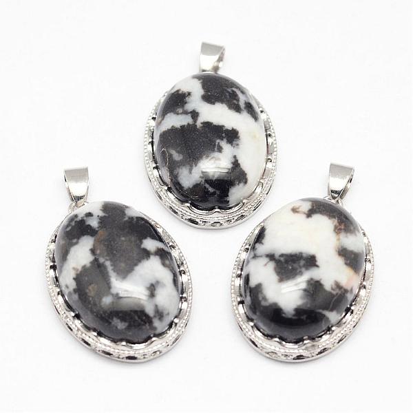 

PandaHall Natural Zebra Jasper Pendants, with Brass Findings, Oval, Platinum, 30x21x10~11mm, Hole: 6x4mm Zebra Jasper Oval