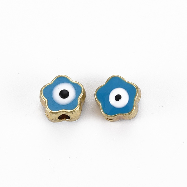 

PandaHall Rack Plating Alloy Enamel Beads, Cadmium Free & Lead Free, Flower with Evil Eye, Sky Blue, 6x6x3~4mm, Hole: 1.5mm Alloy+Enamel...