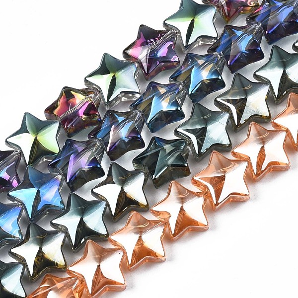 

PandaHall Electroplate Glass Beads Strand, Star, Mixed Color, 11.5~12.5x13x7mm, Hole: 1mm, about 55~56pcs/strand, 23.62 inch~ 25.20 inch..., Multicolor