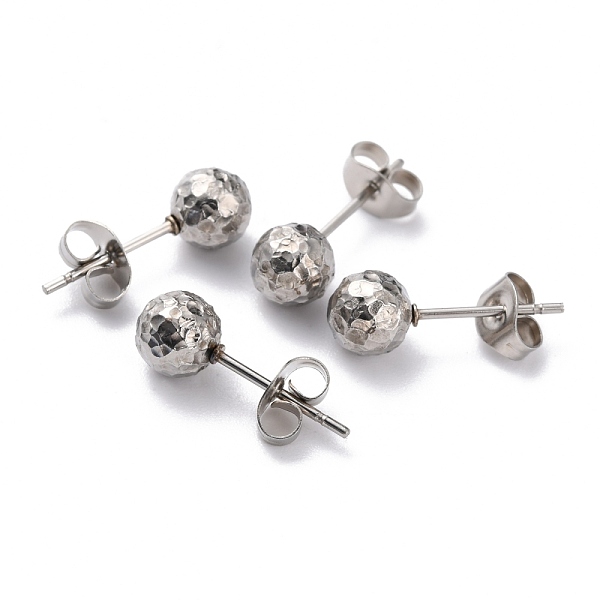 

PandaHall Textured Round Bead 304 Stainless Steel Stud Earring Findings, with Ear Nuts/Earring Backs and Hole, Stainless Steel Color, 17x6mm...