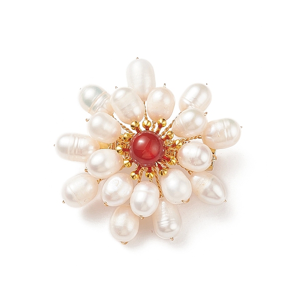 

PandaHall Natural Carnelian & Pearl Braided Bead Flower Lapel Pin, Golden 304 Stainless Steel Brooch for Women, 42x40x13mm Carnelian