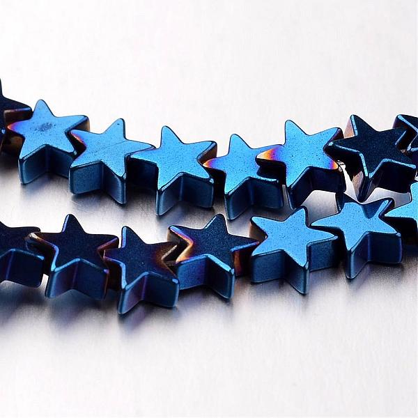 PandaHall Electroplate Non-magnetic Synthetic Hematite Bead Strands, Star, Blue Plated, 6x6x2~3mm, Hole: 1mm, about 86pcs/strand, 15.7 inch...