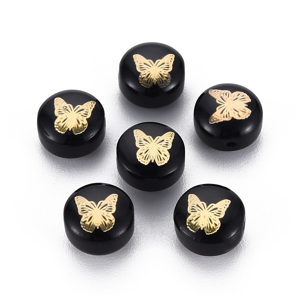 

PandaHall Handmade Lampwork Beads, with Golden Plated Brass Etched Metal Embellishments, Flat Round with Butterfly, Black, 8x5~6mm, Hole...