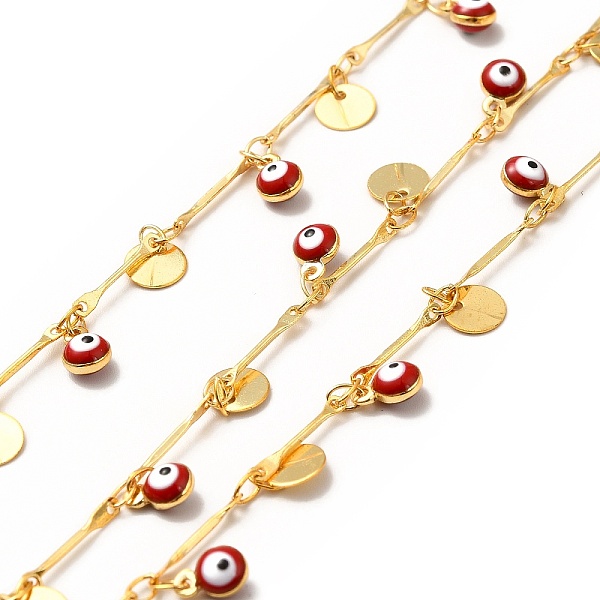 

PandaHall Red Enamel Evil Eyes Charm Chains, with Brass Bar Link Chains, Soldered, with Spool, Real 18K Gold Plated, 12.5x2x0.5mm Brass Red