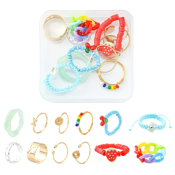 

PandaHall 12Pcs 12 Style Cherry & Strawberry & Flower Glass Seed & Polymer Clay Heishi Beaded Stretch Finger Rings, Acrylic Curb Chain Rings..., Multicolor