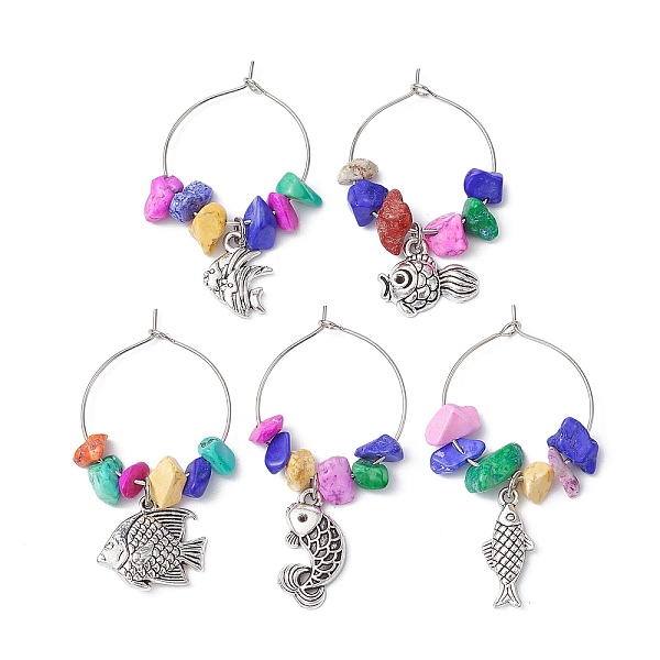 

PandaHall Fish Alloy Wine Glass Charms, with Synthetic Turquoise Beads and Brass Wine Glass Charm Rings, Mixed Color, 45~48mm Alloy Fish..., Multicolor