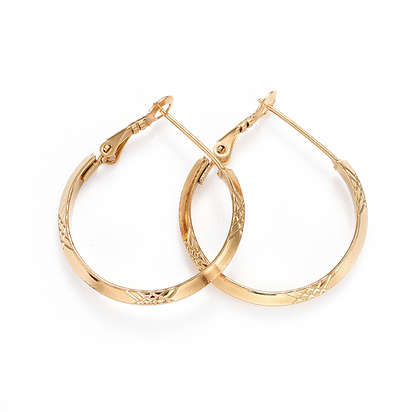 

PandaHall 304 Stainless Steel Hoop Earrings, Hypoallergenic Earrings, Textured, Golden, 33x28x3.5mm, Pin: 0.8mm 304 Stainless Steel