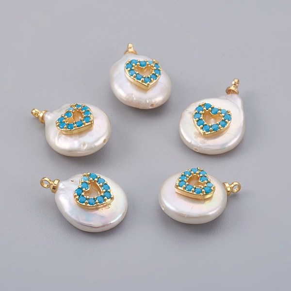 

PandaHall Natural Cultured Freshwater Pearl Pendants, with Cubic Zirconia and Brass Findings, Long-Lasting Plated, Real 18K Gold Plated..., Blue
