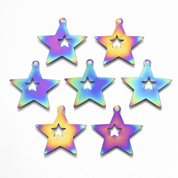 

PandaHall Ion Plating(IP) 201 Stainless Steel Pendants, Etched Metal Embellishments, Star, Rainbow Color, 26x26x0.3mm, Hole: 1.8mm 201...